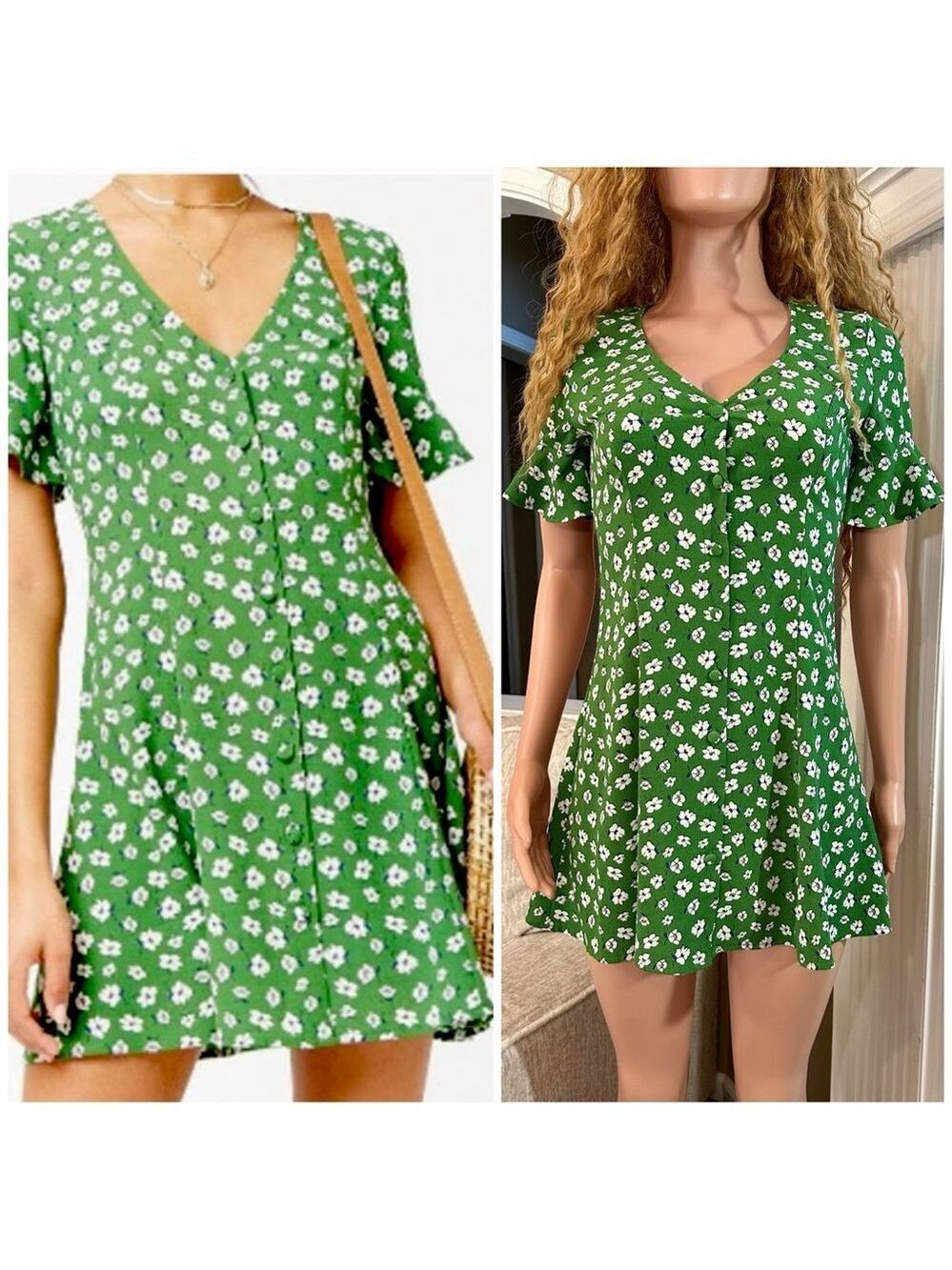Adorable button front green floral mini dress